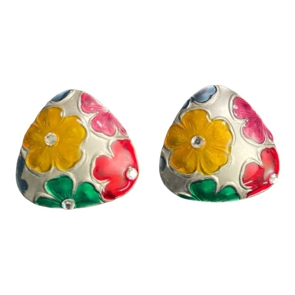 Vintage floral Cloisonné Enamel earrings. Yellow, Red and green with Rhinestone. - Picture 1 of 7
